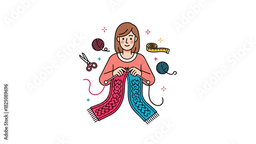 A cartoon woman in a sweater knits a scarf with yarn and needles, with other supplies nearby