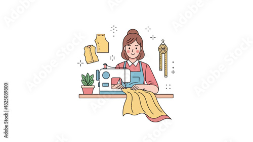 Illustration of a woman sewing with a machine. Includes sewing tools and a small plant