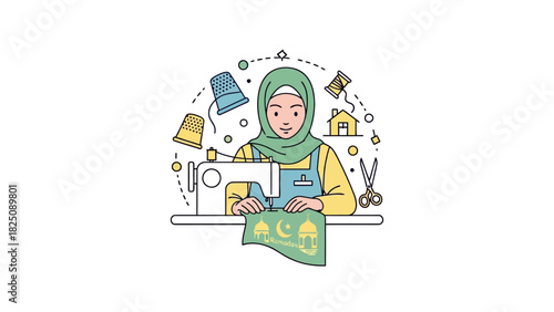 A woman in a headscarf sews with a machine, surrounded by sewing supplies
