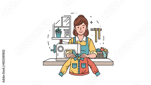 A woman in an apron sews clothes with a machine, a finished shirt, and sewing tools nearby