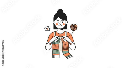Illustration of a woman knitting a patterned scarf, with a ball of yarn, and a small house