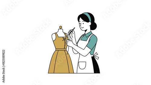 A seamstress in an apron sews a dress on a mannequin in a minimalist illustration