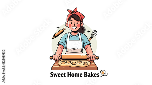 A cartoon woman in an apron rolls dough with a rolling pin, baking cookies. Baking scene
