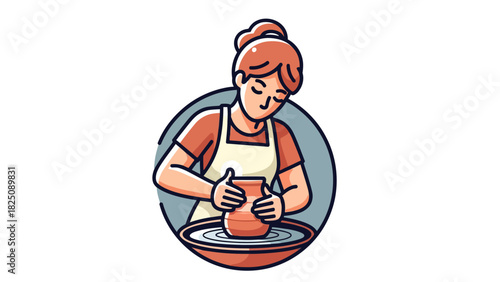 A woman molds clay on a spinning wheel in a round frame. She wears an apron and has red hair