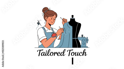 A woman sews on a garment placed on a mannequin, with a sewing machine and thread in view