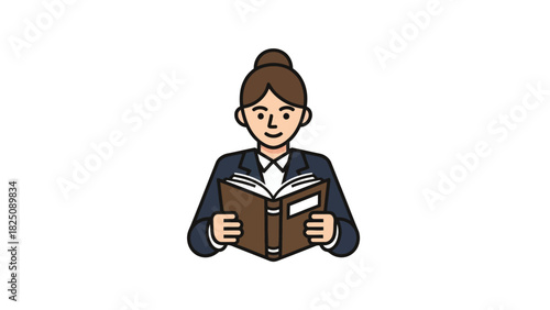 A cartoon image showing a person with a bun reading a brown book while wearing a suit