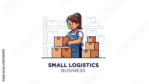 A woman in an apron stacks boxes in a warehouse, with shelves of boxes in the background