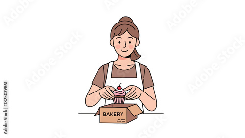 A cartoon woman in an apron, places a cupcake with a cherry into a box labeled "BAKERY
