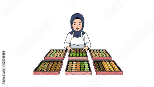 Illustration of a woman in a hijab and apron presenting baked goods in decorative boxes