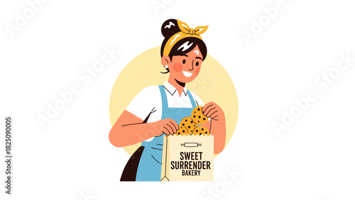 A smiling woman wearing an apron and headband places cookies into a paper bag