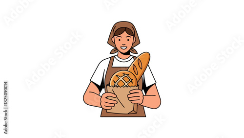 A smiling baker holds a paper bag filled with bread. She is wearing a headscarf and apron