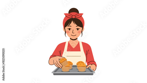 A woman in a red top and apron, wearing a headband, holds a tray of muffins
