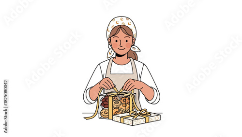 A person with a headscarf and apron carefully ties ribbons around cookie gift boxes