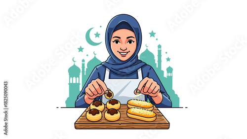 Illustration of a woman in hijab preparing pastries on a wooden board with a mosque background