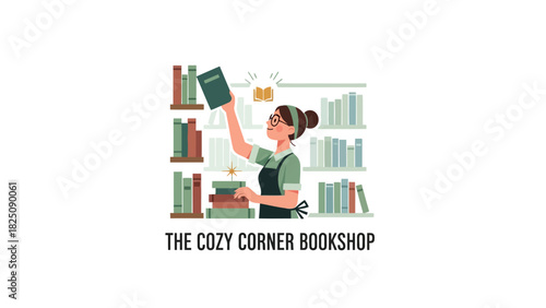 An illustration depicting a librarian reaching for a book amidst a bookcase