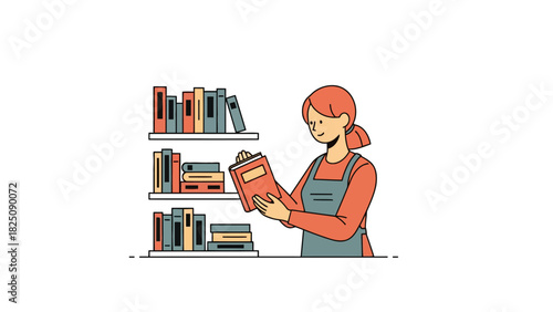 A cartoon illustration of a woman in an apron, reading a book in front of bookshelves