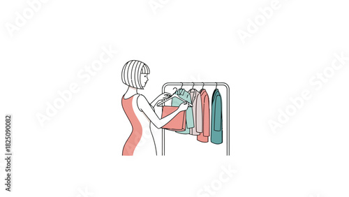 Illustration of a woman choosing clothes from a rack of apparel in soft colors