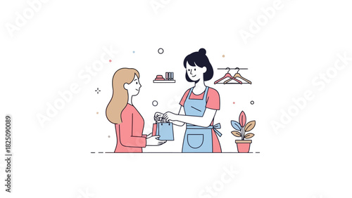 Illustration of a woman receiving shopping bags from a shop assistant, with minimalist style