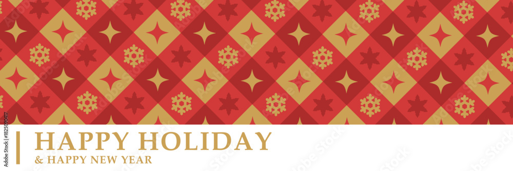 Naklejka premium HAPPY HOLIDAY|クリスマスパターン背景付きホリデーカード・年末年始グリーティング(横長)ベクター素材 バナー
