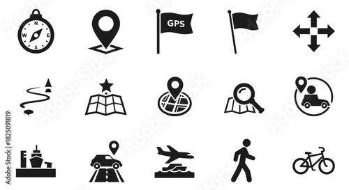 Navigation icons for mapping, travel, direction, and GPS systems in modern vector style