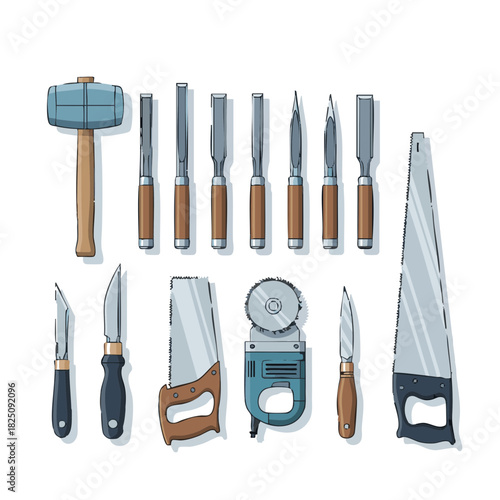 Set of ice carving tools including chisels, saws, and mallet  