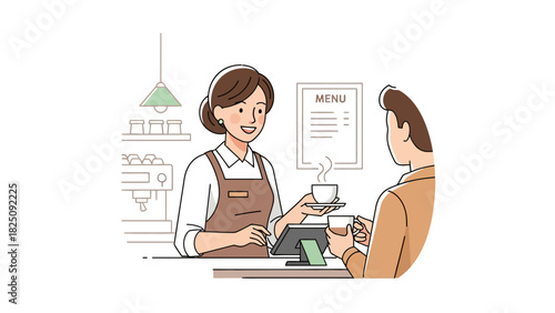A barista hands a coffee to a customer in a cafe setting, a menu is in the background