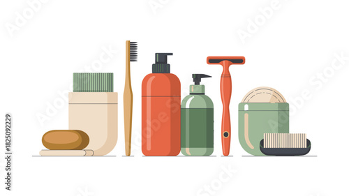 Vector illustration of hygiene products including soap, shampoo, toothbrush, and razor
