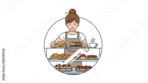 A cartoon baker in a circle holds pastries and a cup of coffee. Baked goods on display