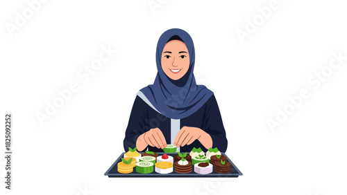 Pixelated illustration of a smiling woman wearing a hijab arranging pastries on a tray