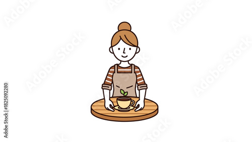 A smiling woman wearing an apron, hair in a bun, offering a cup of tea on a small wooden table