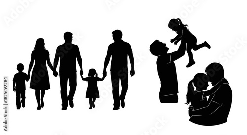Silhouettes of parents with children in various family moments
