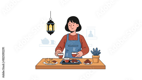 An illustration of a woman in an apron, serving coffee with dates and cookies on a wooden table