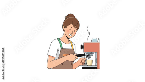 Illustration of a barista smiling while making a coffee with an espresso machine
