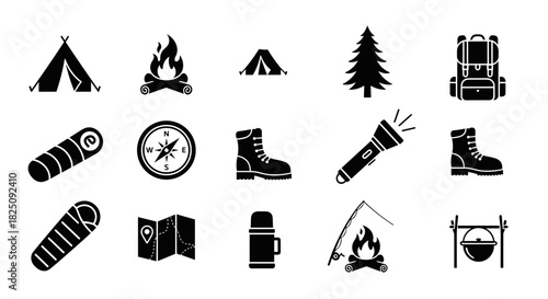 Explore wilderness adventure with camping gear icons for outdoor travel and hiking