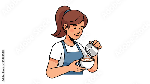 A barista, with a ponytail, pouring milk into a cup to create latte art, smiling