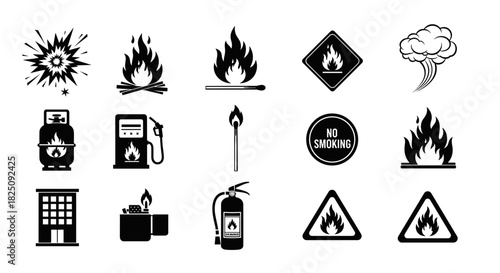 Warning icons set showing fire, flammable materials, and explosion hazards in bold design