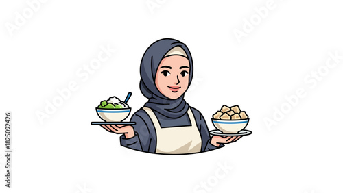 A smiling woman wearing a headscarf and apron, holding plates of food