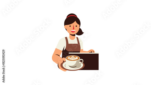 A barista holds a tray, and a cup of coffee with latte art. She is smiling