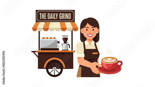 A smiling barista holds a latte, near a coffee cart with text. The image is a vector illustration