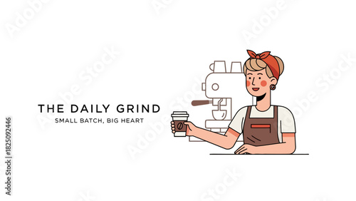 An illustrated barista holds a coffee cup near a coffee machine. Minimalist design on white