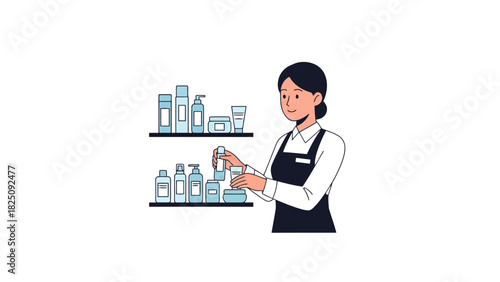 A cartoon woman in an apron, surrounded by cosmetic products, preparing something