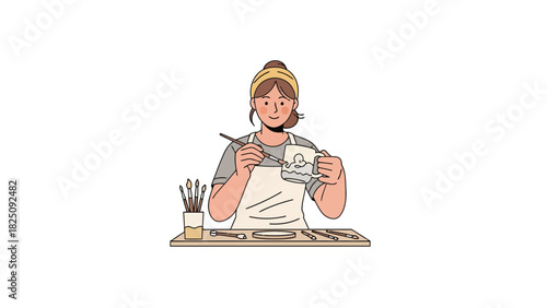 Illustration of a woman painting a mug. She has brushes, a tray, and an apron