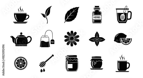 Enjoy a soothing herbal tea infusion with honey, lemon, and fresh herbs elements design