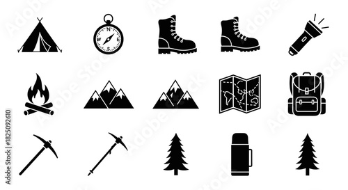 Adventure awaits explore nature with camping gear icons for outdoor activities design