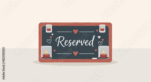 Charming reserved sign with hearts and candles creates a romantic, intimate atmosphere