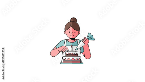 A cartoon illustration of a baker decorating a layered cake with frosting and a lit candle