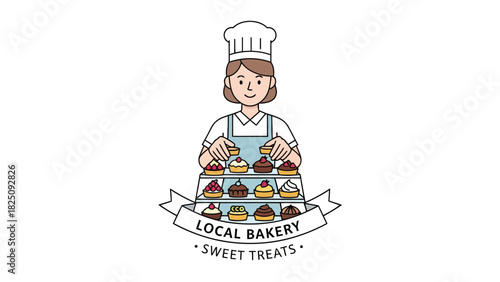 A cartoon-style depiction of a baker with a hat and apron, showcasing a variety of pastries