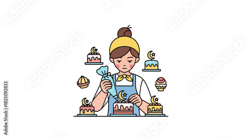 A cartoon baker decorates a cake, surrounded by other pastries and cakes