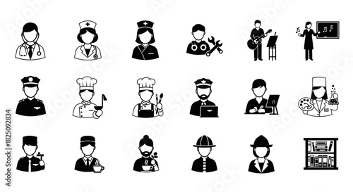 Diverse professions in monochrome, icons of jobs, skilled workforce, career choices, labor
