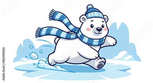 Cheerful polar bear running happily with winter hat and scarf, playful cartoon animal